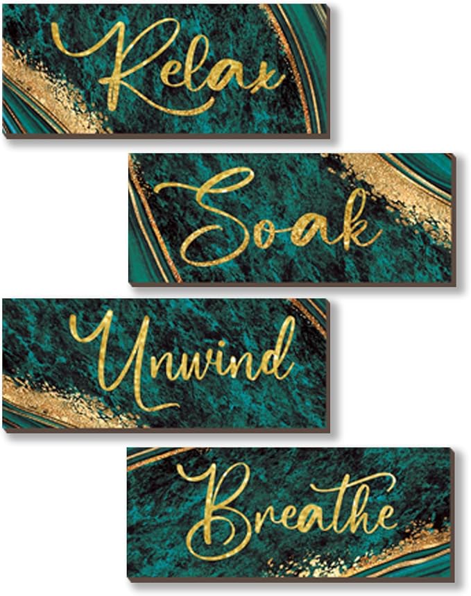 ONIZHITY 4 Pcs Large Green and Gold Bathroom Decor - Relax Soak Unwind Breathe Wood Rustic Marble Bathroom Accessories for Bedroom, Living Room, Office, Kitchen (Green Gold 14X5.5)