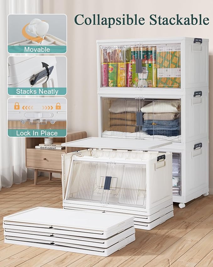 OlarHike 97QT Stackable & Lockable Storage Bins with Lids - Folding Storage Box with Doors and Wheels, Collapsible Plastic Drawers for Closets and Organization, Garage, Shelves, Gifts, 3 Pack Cubes