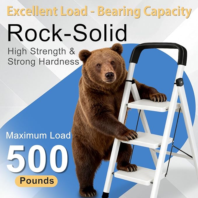 3 Step Ladder Folding Step Stool with Handrail 500LBS Capacity Sturdy Carbon Steel Frame Anti-Slip Pedal & Feet Portable for Home Kitchen Garage Bathroom (white-3step)