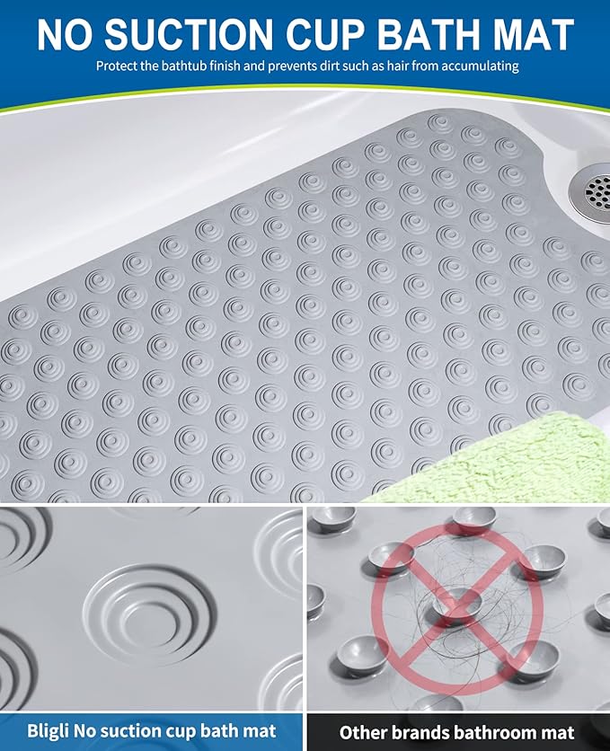 Bligli Bathtub Mat Non-Slip Without Suction Cups, 39x16inch Extra Long Bath Mats for Shower Bathroom, Machine Washable Natural Rubber Shower Tub Mat (39x16inch, Gray)