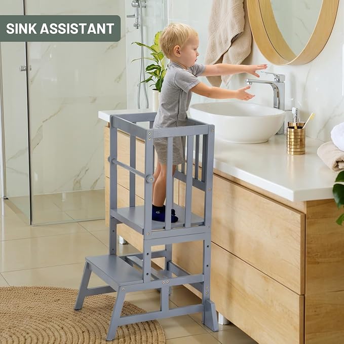 COSYLAND Toddler Standing Tower - Adjustable Height Toddler Kitchen Stool Helper - Kids Kitchen Step Stool for Learning with Removable Safety Railing Ash Gray