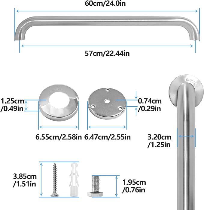 Shower Grab Bar, 2 Pack 24 Inch Brushed Nickel Bathroom Safety Bar, 1.25" Diameter 304 Stainless Steel Grab Bars for Bathtubs and Showers, Handicap Shower Grab Bar for Seniors Elderly