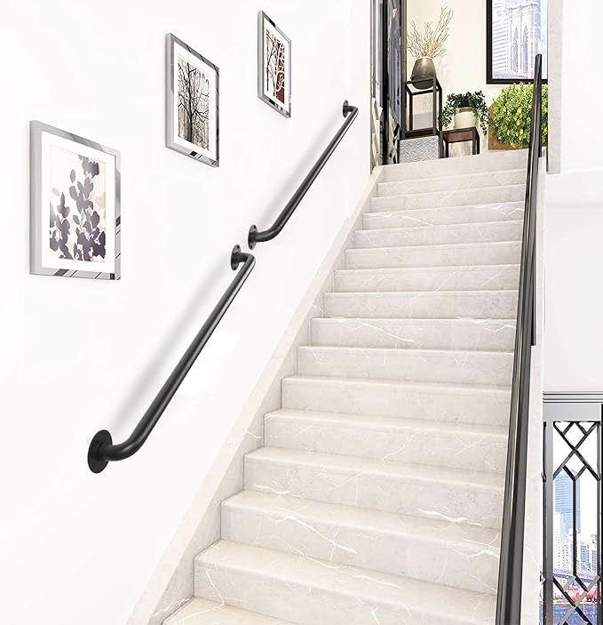 3FT Black Wall Mount Hand Rails for Indoor Stairs, 36 Inch Interior Staircase Handrail, Outdoor Metal Stair Railing for Exterior Steps, Banister Deck Rails,Safety Grab Bar for Elderly