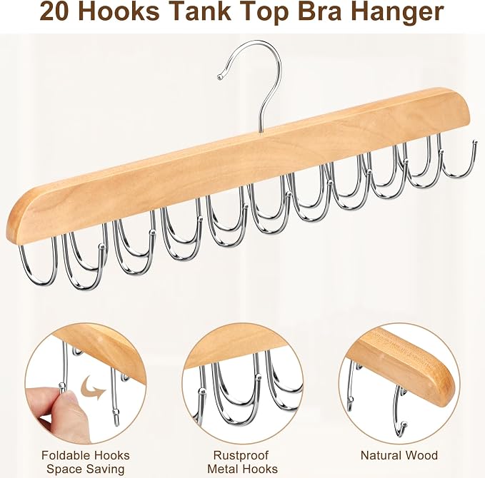 Bra Hanger for Closet, Tank Top Organizer 20 Hooks Capacity Foldable Wood Space Saving Hanger Closet Organizers and Storage for Dorm & Apartment for Tank Top, Hats etc.-2 Pack