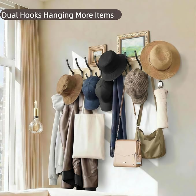 Optish 2 Pack Wooden Coat Rack Wall Mount, 16.1" Rustic Coat Hanger Hooks with 10 Double Hooks, Wall Coat Rack for Hat, Clothes, Bags, Jacket, Natural Wood