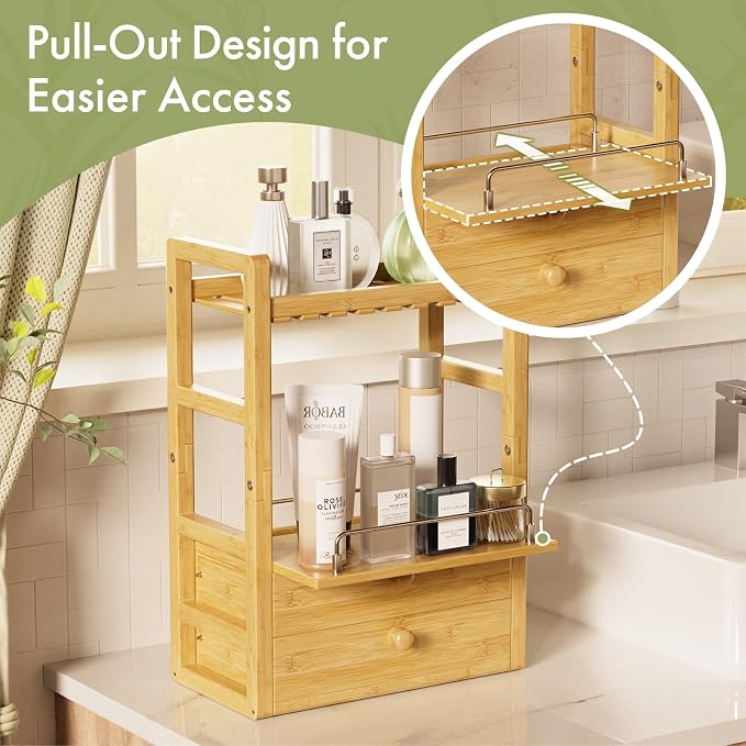 AmazerBath Bamboo Bathroom Countertop Organizer, 2-Tier Makeup Organizer with 2 Drawers, Vanity Organizer Storage Coffee Matcha Station, Compact Shelf for Bathroom Kitchen Office