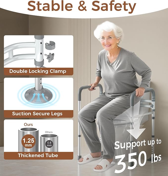 Soundfuse Toilet Safety Rails for Seniors, Adjustable Toilet Handles for Elderly and Disabled, Foldable Handicap Toilet Safety Frame Fit Any Toilets (350 LB)