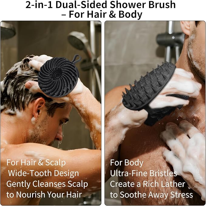Silicone Back Scrubber 16.5" & Silicone Body Scrubber(Dual-Side) & Hair Scalp Massager & Face Brush Set (4PCS), Deep Cleaning & Shampoo at Home with 2 Free Hooks (Long Handle Back Brush Set)