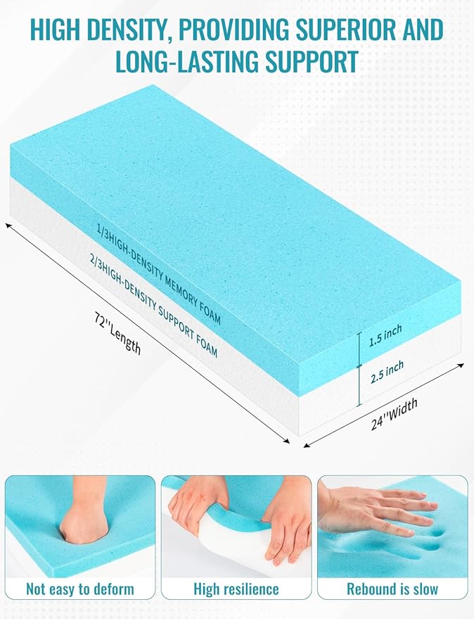 Couch Cushion Replacement, CertiPUR-US Certified 2.5 Lb Density Upholstery Memory Foam High Density Sponge 72"L×24"W×4"Thick Deep Comfort for Hard Mattress Transformation Floor Sleeping