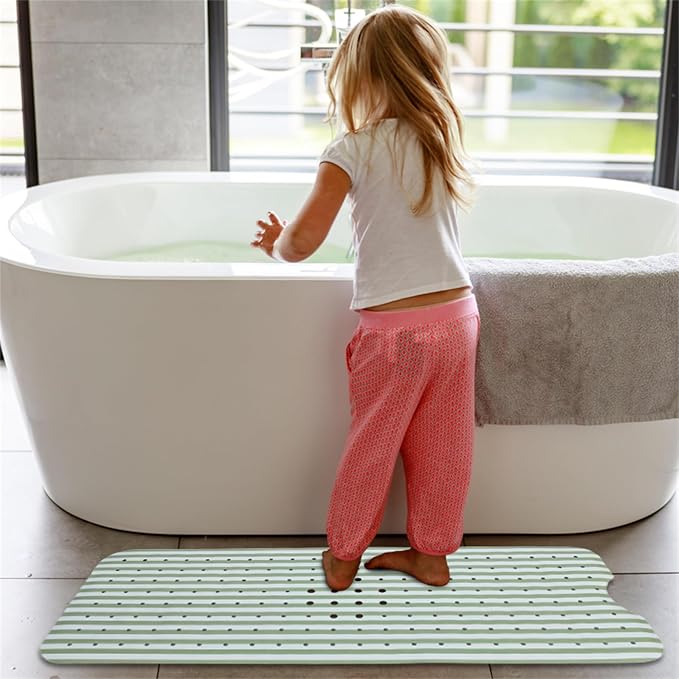 Stripes Green Bathtub Mat Non Slip 40x16 Inch Extra Long Bath Mat, Modern Art Shower Mat Non Slip, Bath Mat for Tub Anti Slip with Large Drain Holes Suction Cups Design Bathroom Mat