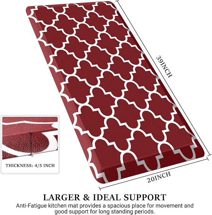 WISELIFE Anti Fatigue Floor Mat - 4/5 Inch Thick Kitchen Mat Non Slip Waterproof Heavy Duty Ergonomic Comfort Mat Durable for Home, Office, Sink, Laundry,(20" x 39", Red)
