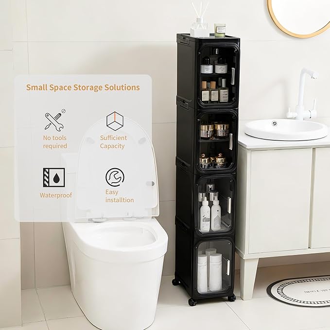 3-Tier Tall Narrow Storage Cabinet, Slim Bathroom Storage Cabinet with Adjustable Shelves and Wheels, Narrow Organizer for Small Space, Bathroom, Kitchen, Laundry, Black