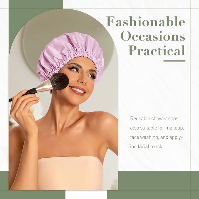 Reusable Shower Cap for Women, Large Waterproof Shower Bonnet with Elastic Band, Washable Bath Hair Cap for Long, Curly Hair, Braids, Daily Shower, Home Spa, Travel(Purple)