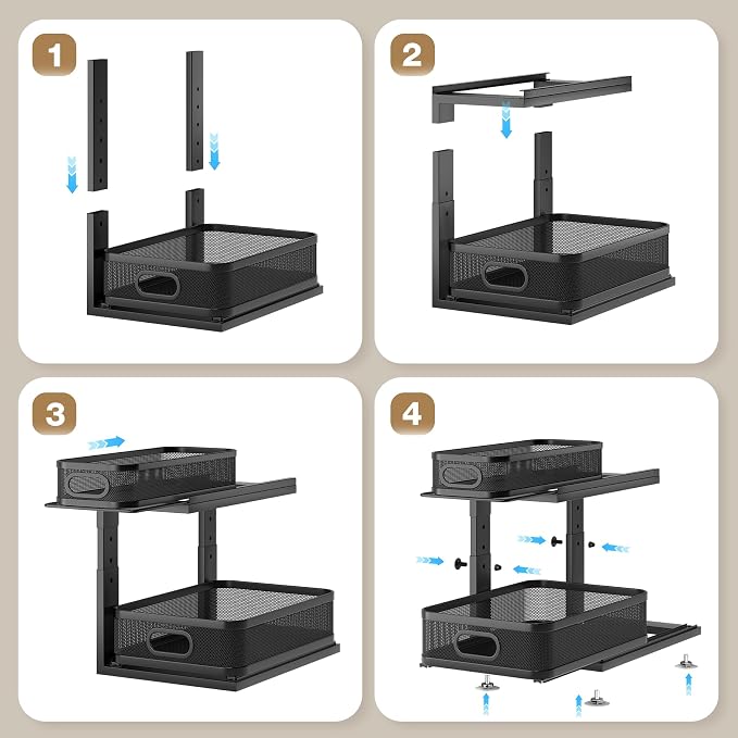 1 Pack 15IN-Depth Under Sink Organizer with Next-Gen Ball-Bearing Slides,2-Tier Precision Mesh Pull Out Cabinet Storage for Bathroom&Kitchen,Height Adjustable Drawers Shelf,Anti-Rust-Black
