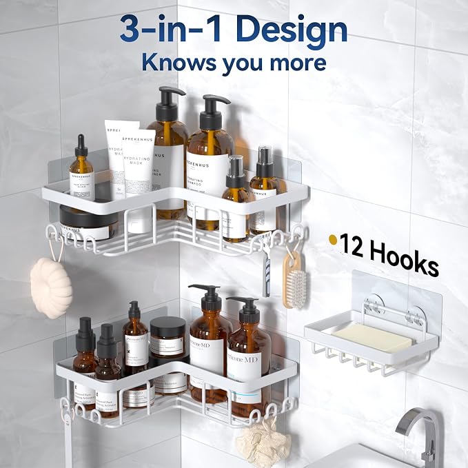 YASONIC Corner Adhesive Shower Caddy, with Soap Holder and 12 Hooks, Rustproof Stainless Steel Bathroom Organizer, No Drilling Wall Mounted Rack, White, 3-Pack