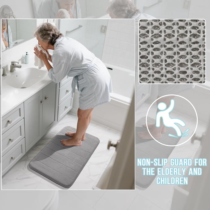 Yimobra 3 Pieces Memory Foam Bath Mat Set with U-Shaped Toilet Rug - Non Slip Super Soft Absorbent Quick Dry Bathroom Rugs for Bathtub, Vanity & Toilet Base, Gray