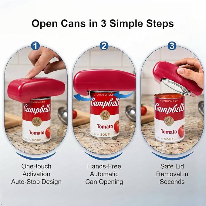 Electric Can Opener with LED Digital Display, USB Rechargeable, One-Touch Automatic, Hands-Free, Smooth Edge, Compact Cordless Opener for Seniors (Red)