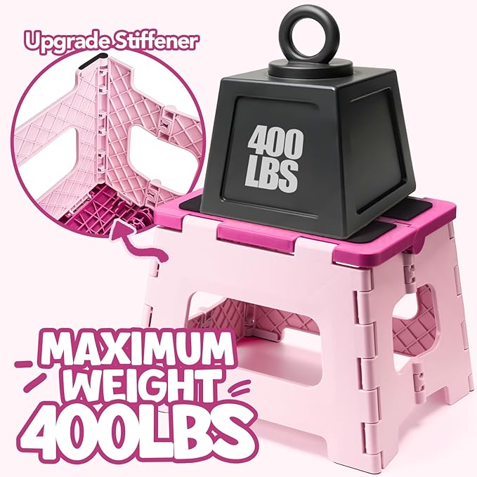 Delxo 9 Inch Folding Step Stool for Kids - Includes 3 Alphabet Letter Stickers & 2 Non-Slip Grip Pads, Sturdy Foldable Foot Stool for Toddlers, Kitchen, Bathroom & Bedroom (Pink)