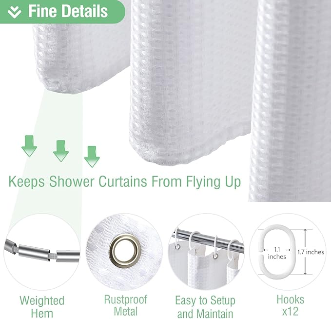 Dynamene Extra Long Shower Curtain,96 Inch Long Waffle Weave Heavy Duty Thick Fabric Bathroom Shower Curtain, Neutral Weighted Hotel Bath Curtain Set with 12 Plastic Hooks,72x96, White