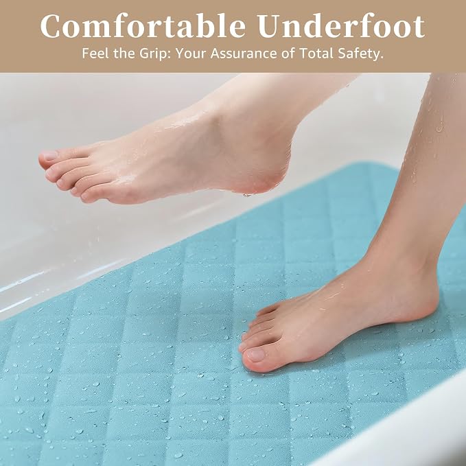 Yolife Bathtub Shower Mat Non Slip, Natural Rubber Bath Tub Floor Liner Mats with Strong Suction Cups for Inside Shower Bathroom, Machine Washable, Soft on Feet, 27.5 x 17 Inch, Blue
