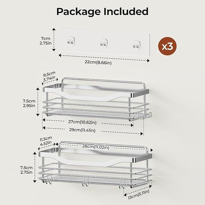 Orimade Shower Caddy Basket Shelf Storage Rack Pack of 2, No Drilling Wall Mounted Adhesive Rust Resistant Stainless Steel Shower Organizer with 5 Hooks for Bathroom, Toilet, Kitchen