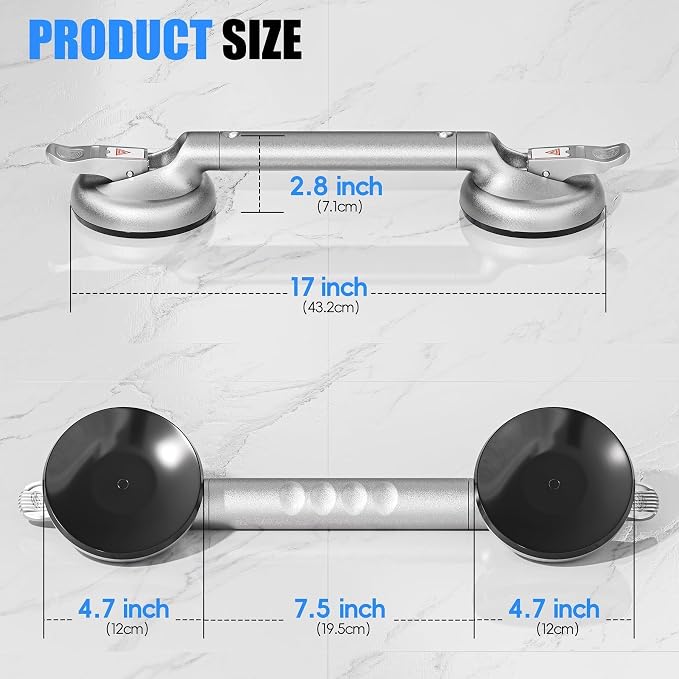 SPECILITE 17 Inch Grab Bars for Bathtubs and Showers 2 Pack Seniors Handles for Elderly Strong Suction Handicap Safety Handrail for Bathroom Toilet Tiles Glass Gray Silver
