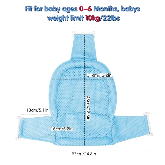 Colorlife Baby Bath Seat Support Net Infant Bathing Seat Support Mat, Adjustable Comfortable Non-Slip Three-Pointed Baby Shower Net Bathtub Sit Up Mesh for Newborn 0-12 Months-Blue(No Bathtub)