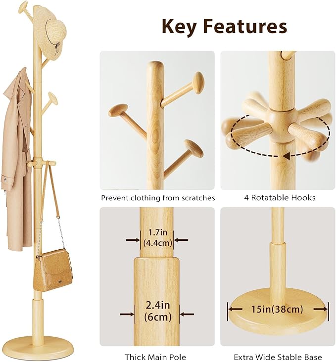 Taitiy Solid Wood Coat Rack Freestanding Coat Tree with 10 Hooks for Bedroom, Livingroom, Entryway, Sturdy Coat Hanger Stand for Hats, Coats, Scarves, Handbags, Purses