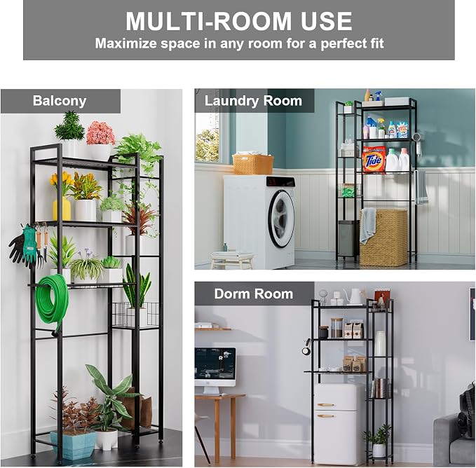 Over The Toilet Storage with Wooden Shelves and Side Rack, 7-Tier Black Over Toilet Bathroom Organizer Freestanding Storage Shelf for Toilet Paper, Towels, Toiletries, 31.5" Wide
