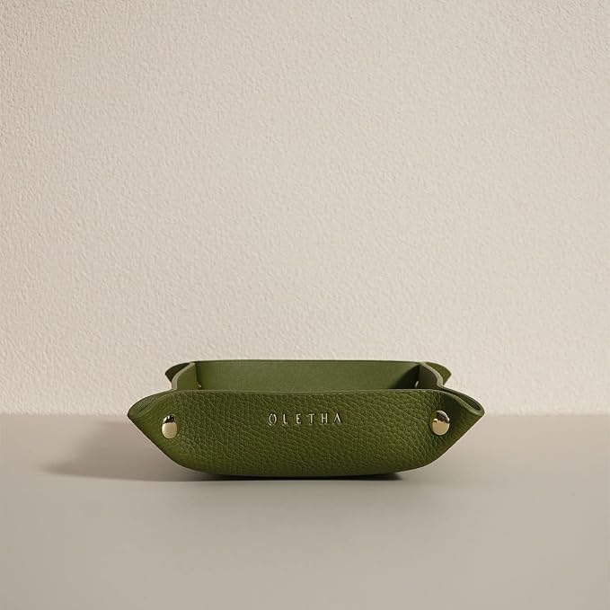 OLETHA Small Foldable Valet Tray - Aesthetic Desk Organizer for Home, Office & Travel - Portable Catch All Bowl for Keys, Jewelry & Essentials - Green