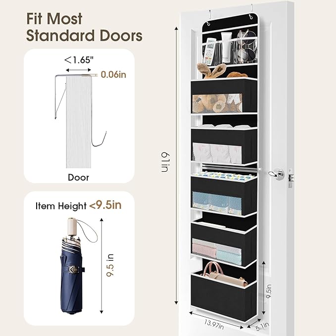 SpaceHacks 6-Tier Over The Door Organizer Hanging Storage Organizers with Clear Window 40lb Large Capacity Room Organizer for Pantry Bathroom Nursery Closet(Black)