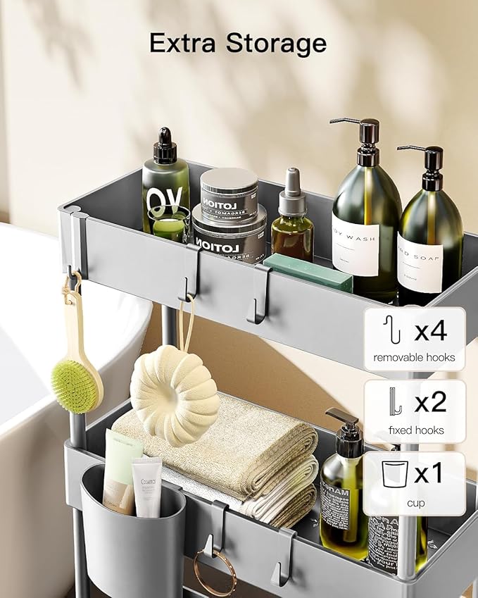 Pipishell Slim Storage Cart with Wheels - 3 Tier Bathroom Organizers and Storage Cart - Rolling Carts for Bathroom, Kitchen, Narrow Space, Laundry Room,Gray