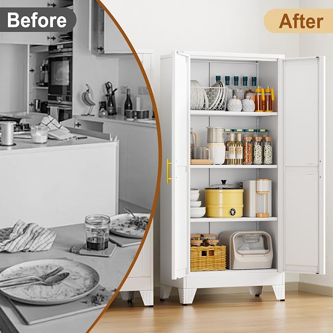 61" White Metal Garage Storage Cabinet with 2 Doors and 3 Adjustable Shelves,Kitchen Pantry Cabinet,File Cabinet,Steel Tool Cabinet for Home,Office,Garage,School,Warehouse