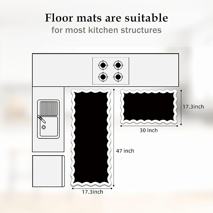 Arenarug Scalloped Black White Kitchen Mats Rugs Sets of 2 Cushioned Anti Fatigue Floor Mat Waterproof Kitchen Rugs Non Slip Foam Comfort Standing Mat for Sink Laundry