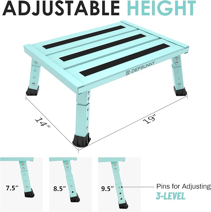 Adjustable Height Aluminum RV Step, Stable Foldable Platform Step Stool, Supports Up to 1,000 lb, Non-Slip Rubber Feet and Platform Mat, Easy to Carry (Green)