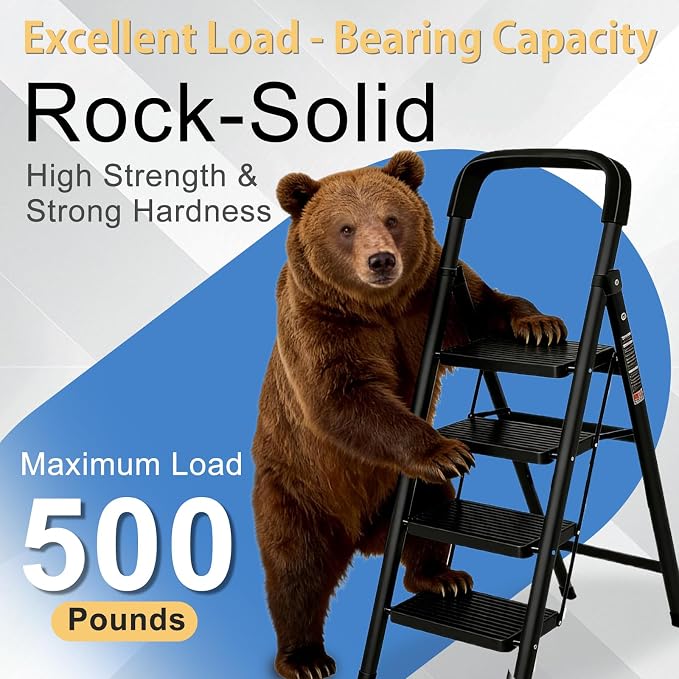 4 Step Ladder Folding Step Stool with Handrail 500LBS Capacity Sturdy Carbon Steel Frame Anti-Slip Pedal & Feet Portable for Home Kitchen Garage Bathroom (black-4step)