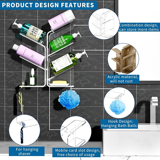 AITEE Acrylic Bathroom Organizer Shower Caddy, Clear Shampoo Holder Organizer Shelf Wall Mounted, Shower Shelves with Suction Cup, No Drilling and Rustproof, Sturdy and Durable