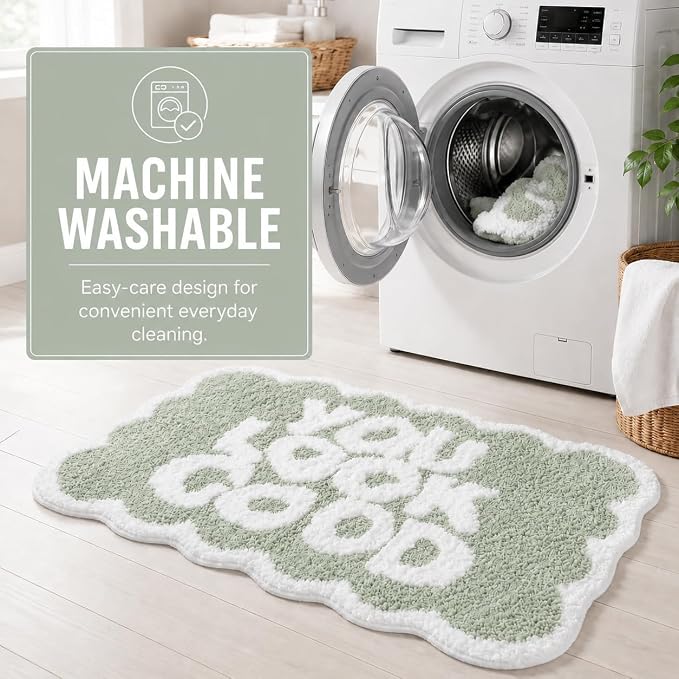 Scalloped Sage Green Bath Rug, You Look Good Cute Bathroom Rug, Soft Absorbent Quick Dry Bath Mat, TPR Non Slip Backing, Microfiber Mat for Shower Tub Sink Vanity 20" x 31.5"