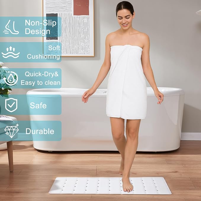Webos Non-Slip Bath Mat for Tub & Shower：Silicone Foldable Bathtub Mat with Strong Suction Cups, Quick Drain Holes, Machine Washable Extra Large Bathroom Mats 35.8" x 17.7", White