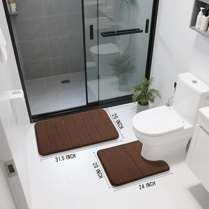 Yimobra Memory Foam Bath Mat Set 2 Piece - Super Soft Absorbent Quick Dry Bathroom Toilet Rugs, Machine Washable Non Slip Floor Carpet for Tub Shower & Single Sink (31.5x20 & 24x20, Brown)