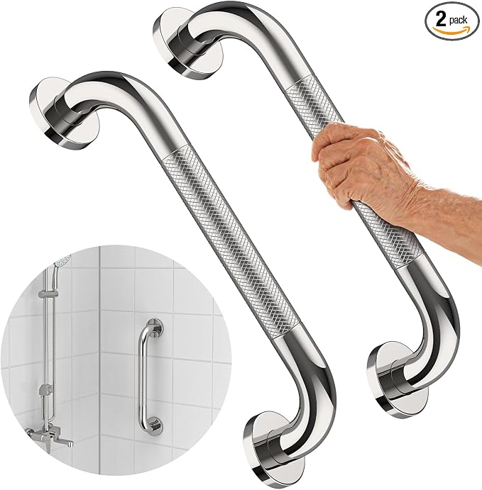 2 Pack Chrome Grab Bar 12 Inch, iMomwee Stainless Steel Non-Slip Shower Grab Bar W/Knurled Grip, Safety Bathroom Handrail, Balance Support Bar Toilet Bathtub Assist Handle for Elderly Senior Disabled