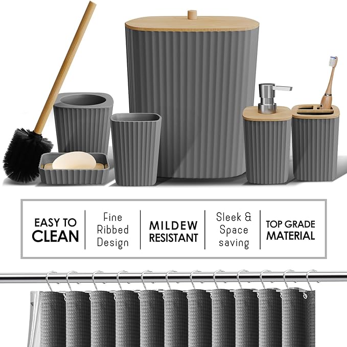Clara Clark Bathroom Accessories Set - Bathroom Set, Bathroom Accessory Set, Shower Curtain Set, Toilet Brush, Trash Can & Soap Dispenser - Grey - 20PC