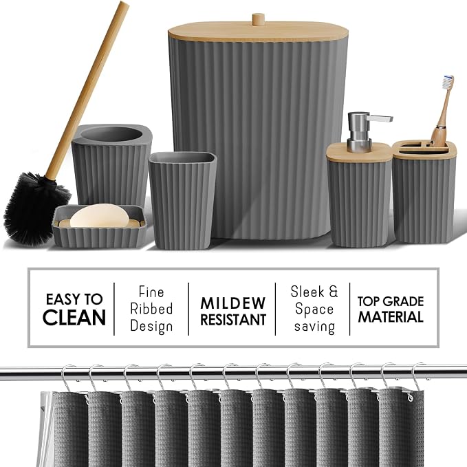 Clara Clark Bathroom Accessories Set - 27PC Bathroom Set with Adhesive Corner Shower Caddy Hanging, Bathroom Sets with Shower Curtain and Rugs, Grey Shower Curtain Set with Bathroom Trash Can