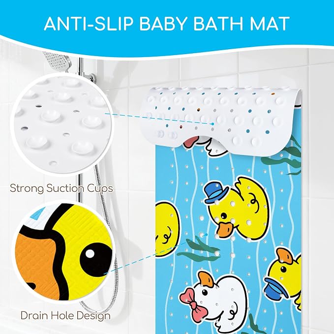 Baby Bath Mat for Tub, Non Slip Kids Bath Shower Mat, 40 X 16 Inch Large Bathtub Mat with Drain Holes and Suction Cups for Toddlers, Machine Washable and Waterproof (Duck)
