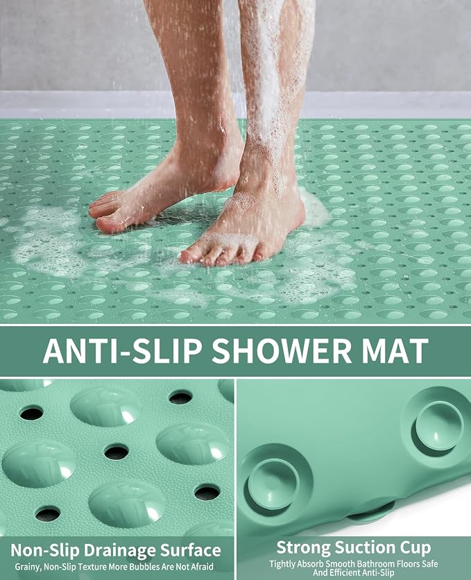 Yolife Extra Large TPE Shower Mat, 47.2" L x 31.5" W Anti Slip Bath Mat with Drain Holes and Suction Cups, Large Size Mat More Suitable for Shower Stall, No Odor, Heavy Mat (Green, 47.2" x 31.5")