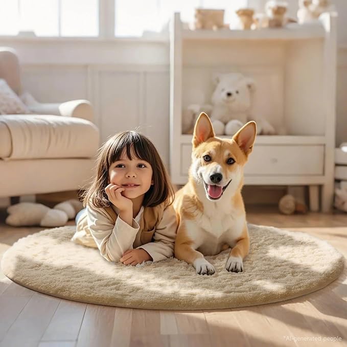 Ophanie Round Rug 4Ft Beige Circle Area Rug, Fluffy Fuzzy Small Bedroom Carpet, Plush Soft Shaggy Floor Living Room Circular Christmas Decor for Kids Boys Girls Home Aesthetic, Nursery, Classroom