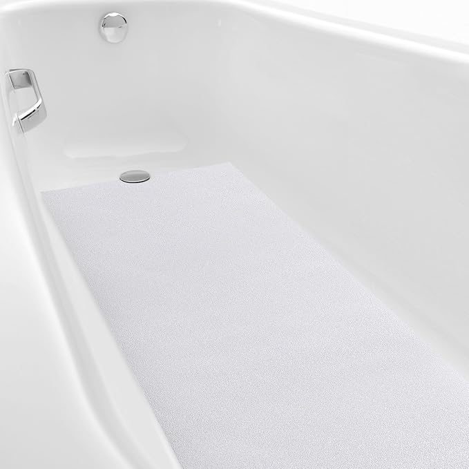 Dunzoom 16" x 40" Non Slip Bathtub Mat with Drain Cut Out Anti Slipping Non Skid Safe Tub Mat Adhesive Peel and Stick Bath Tub Mat PEVA Tub Sticker for Shower Floor Boat Wet Areas(White)