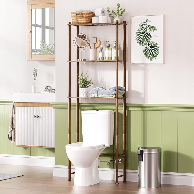 AmazerBath Bamboo Over The Toilet Storage Shelf, Over Toilet Bathroom Organizer Rack, 3-Tier Bathroom Shelves Over Toilet, Space Saver, Walnut Brown