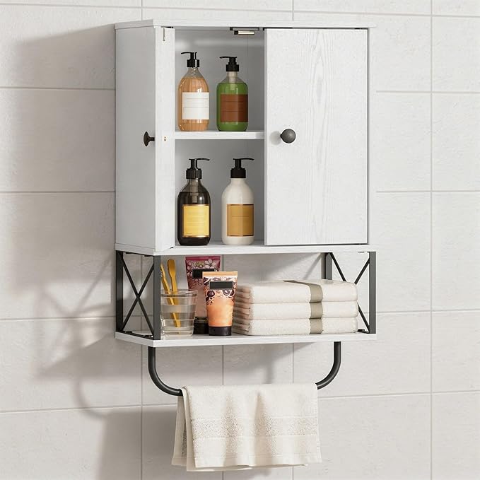 MAHANCRIS Bathroom Wall Cabinet with 2 Door and Adjustable Shelf, Farmhouse Medicine Cabinet with Towel Rack, 3-Tier Wall Mounted Storage Cabinet Over The Toilet for Bathroom Laundry Room, White