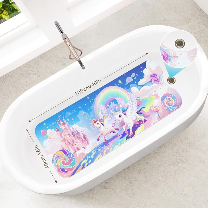 SHUCHING Girl Unicorn Bath Mat for Tub Non Slip-40 X 16 Inch, Kids Bathtub Mat Non Slip, Long Shower Mat Anti Slip for Bathroom, Machine Washable